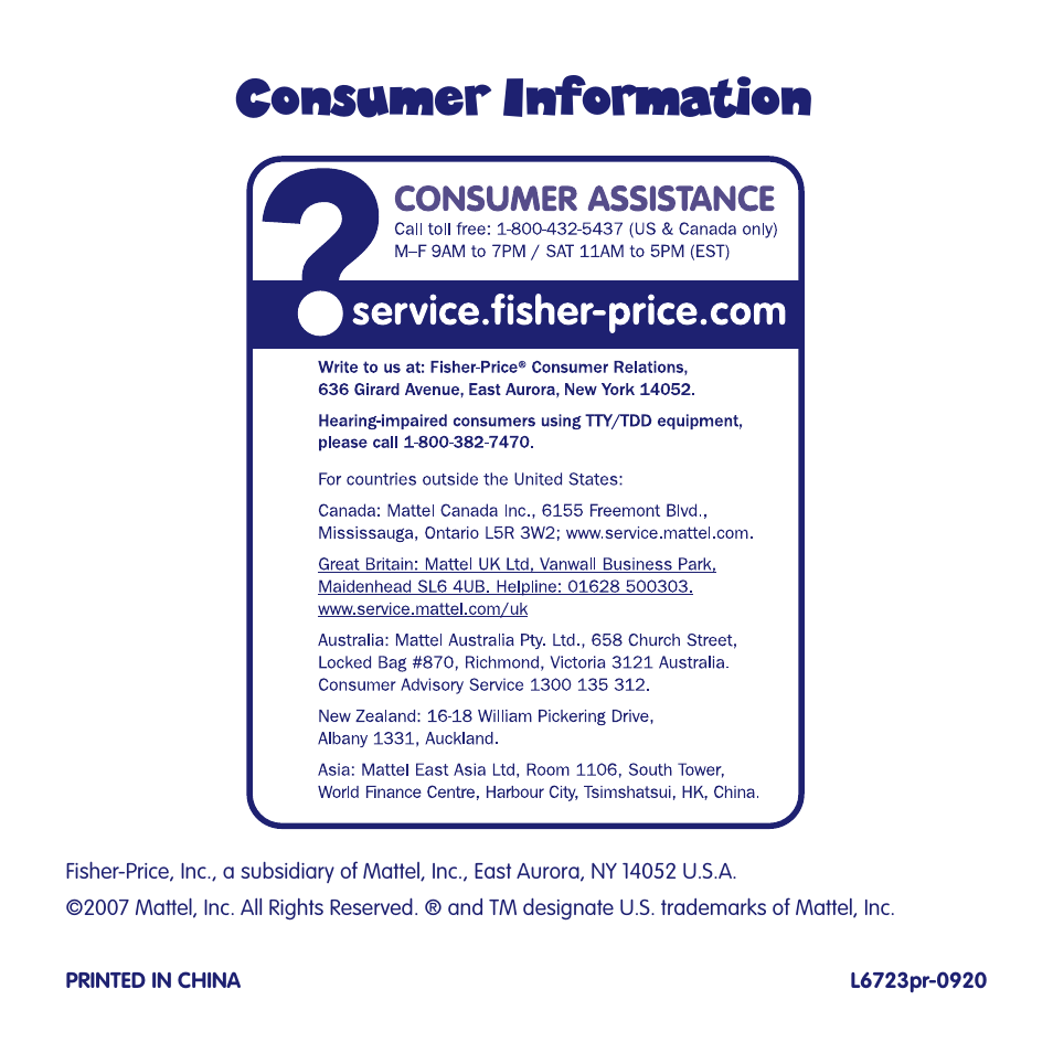 Consumer information | Fisher-Price FUN2LEARN L6723 User Manual | Page 20 / 20