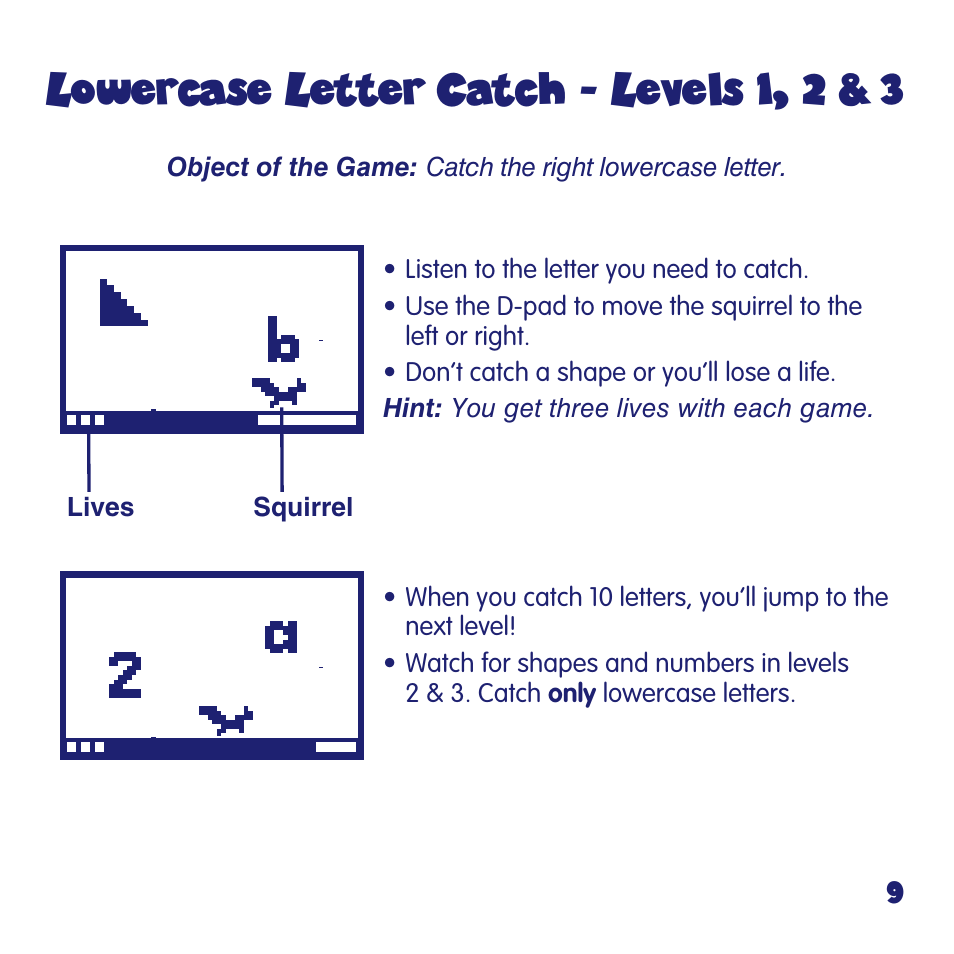 Lowercase letter catch, Levels 1, 2 & 3 | Fisher-Price FUN2LEARN L6723 User Manual | Page 9 / 20