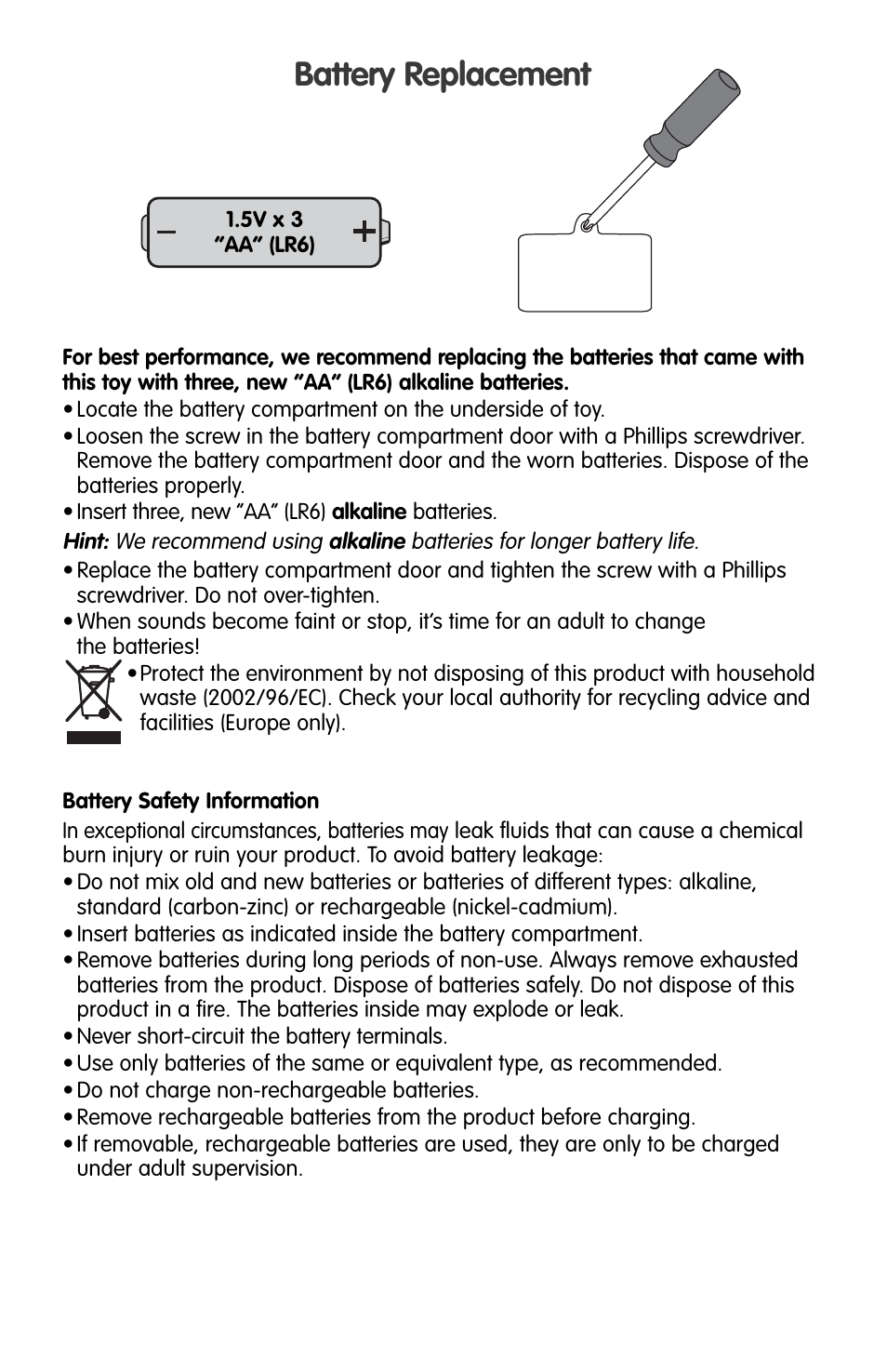 Battery replacement | Fisher-Price K8845 User Manual | Page 2 / 4