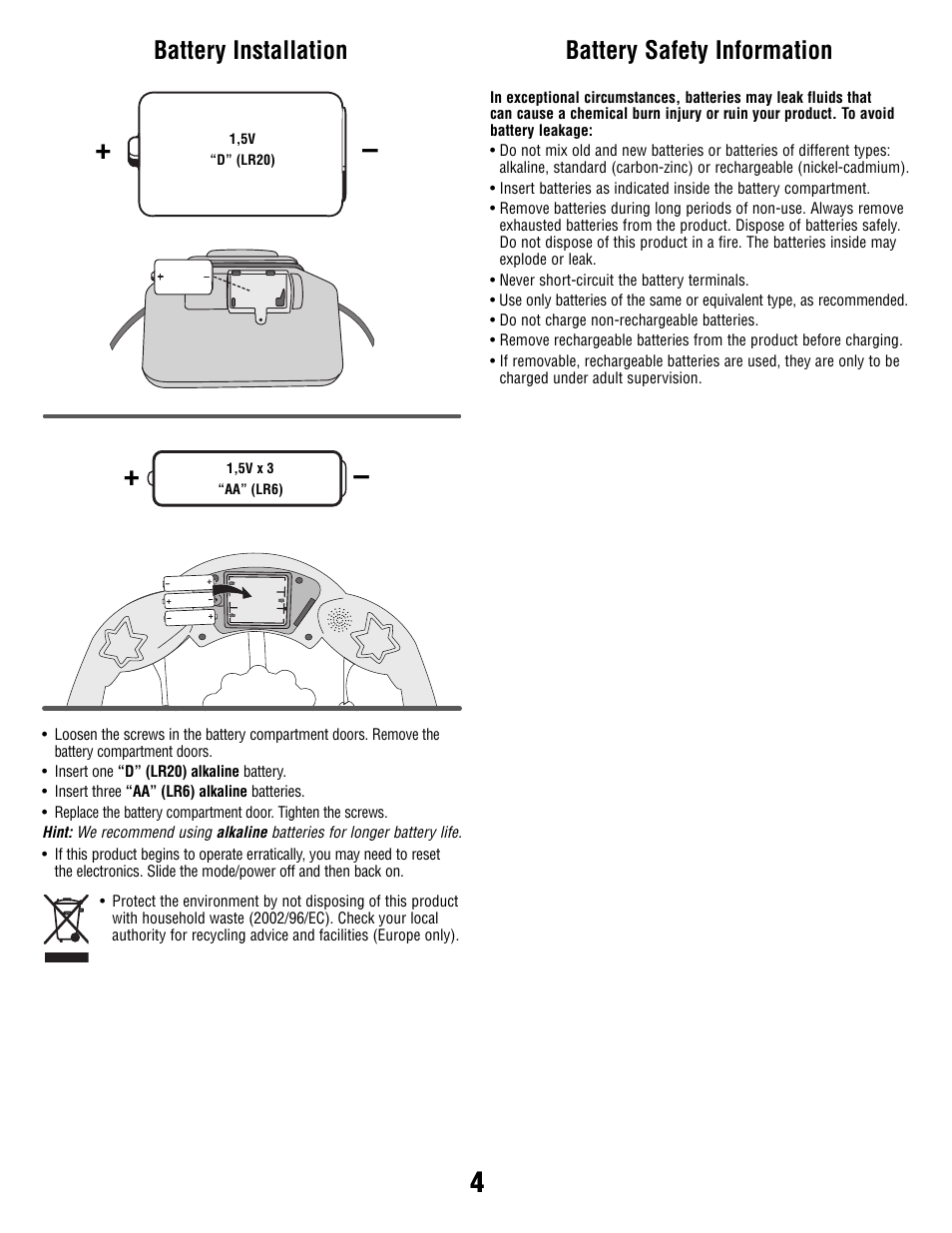 Battery installation battery safety information | Fisher-Price B8865 User Manual | Page 4 / 8