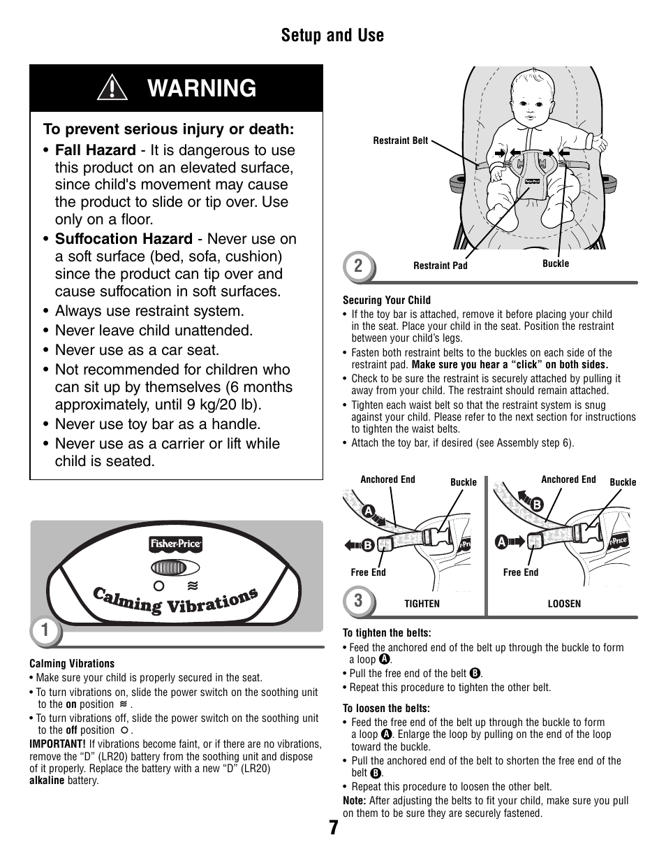Warning, Setup and use | Fisher-Price B8865 User Manual | Page 7 / 8