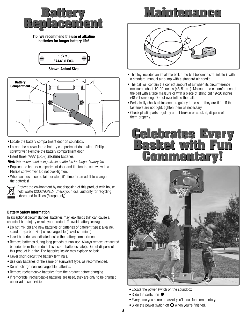 Battery replacement battery replacement, Maintenance | Fisher-Price K9125 User Manual | Page 8 / 8
