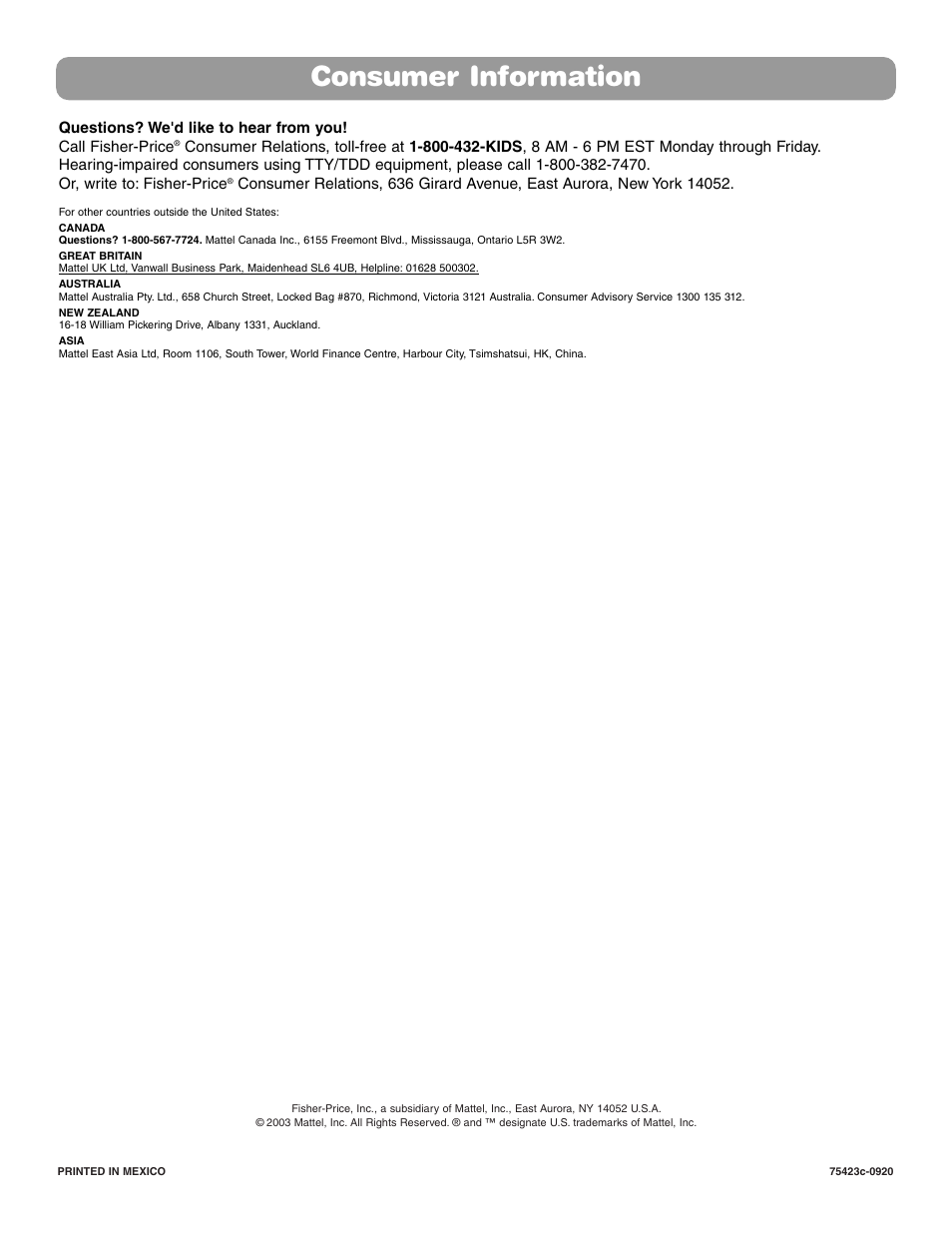 Consumer information | Fisher-Price 75423 User Manual | Page 12 / 12