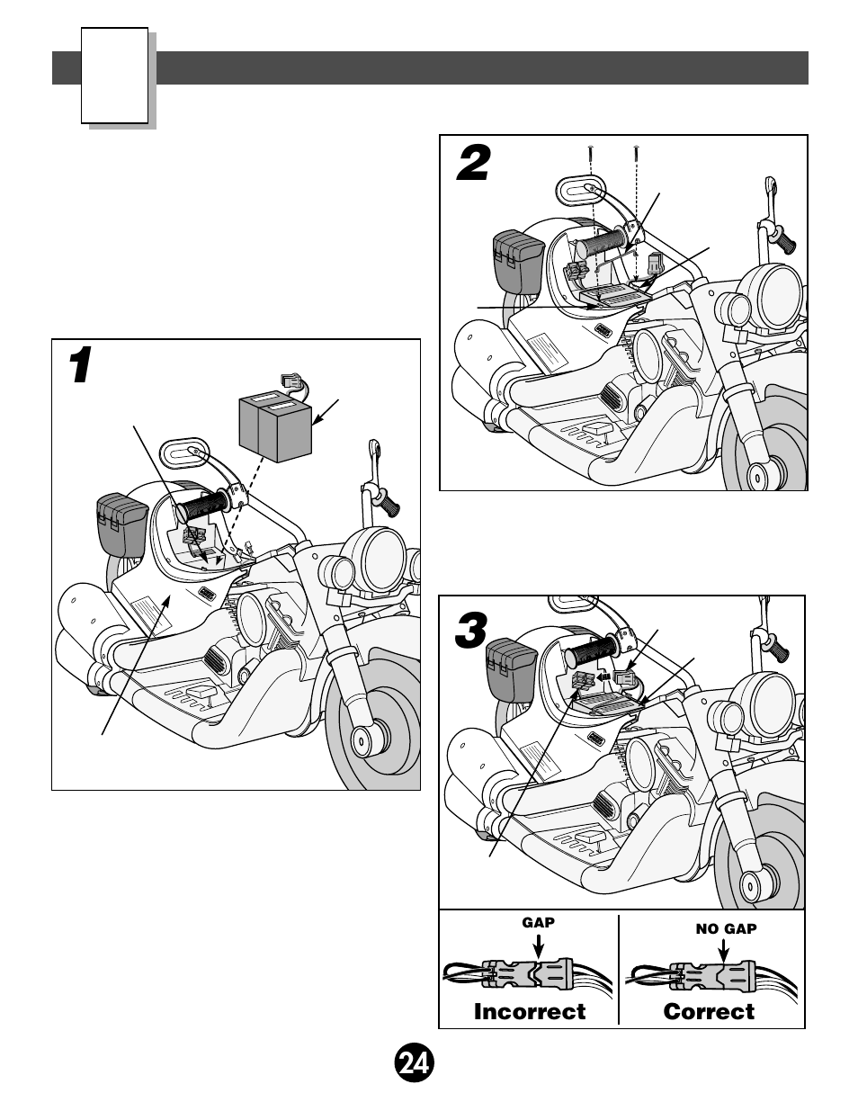 Battery installation, Incorrect correct | Fisher-Price POWER WHEELS BY FISHER PRICE 73210 User Manual | Page 24 / 36