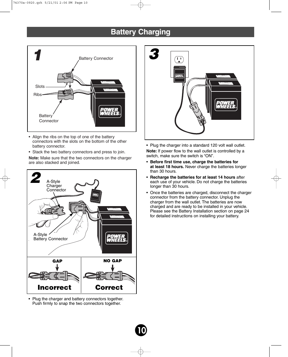 Battery charging, Incorrect correct | Fisher-Price HARLEY-DAVIDSON 74370 User Manual | Page 10 / 36
