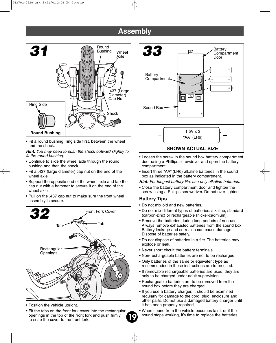 Assembly | Fisher-Price HARLEY-DAVIDSON 74370 User Manual | Page 19 / 36