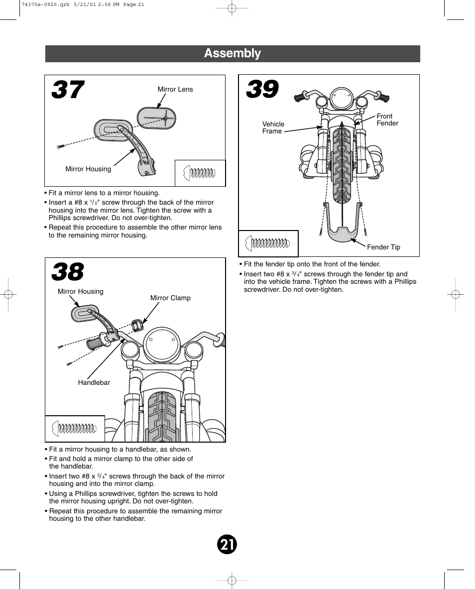 Assembly | Fisher-Price HARLEY-DAVIDSON 74370 User Manual | Page 21 / 36