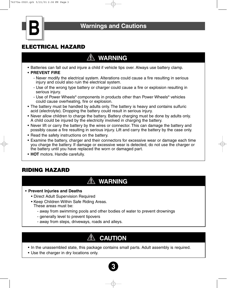 Caution, Warning, Warnings and cautions | Fisher-Price HARLEY-DAVIDSON 74370 User Manual | Page 3 / 36