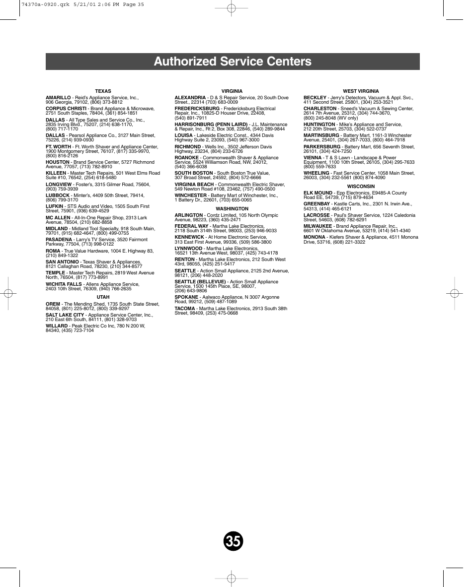 Authorized service centers | Fisher-Price HARLEY-DAVIDSON 74370 User Manual | Page 35 / 36