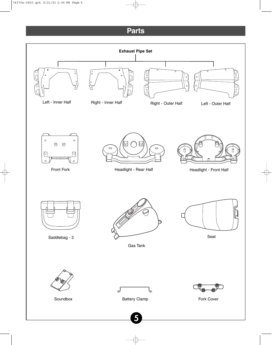Parts | Fisher-Price HARLEY-DAVIDSON 74370 User Manual | Page 5 / 36