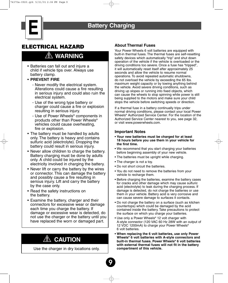Battery charging, Caution, Warning | Electrical hazard | Fisher-Price HARLEY-DAVIDSON 74370 User Manual | Page 9 / 36
