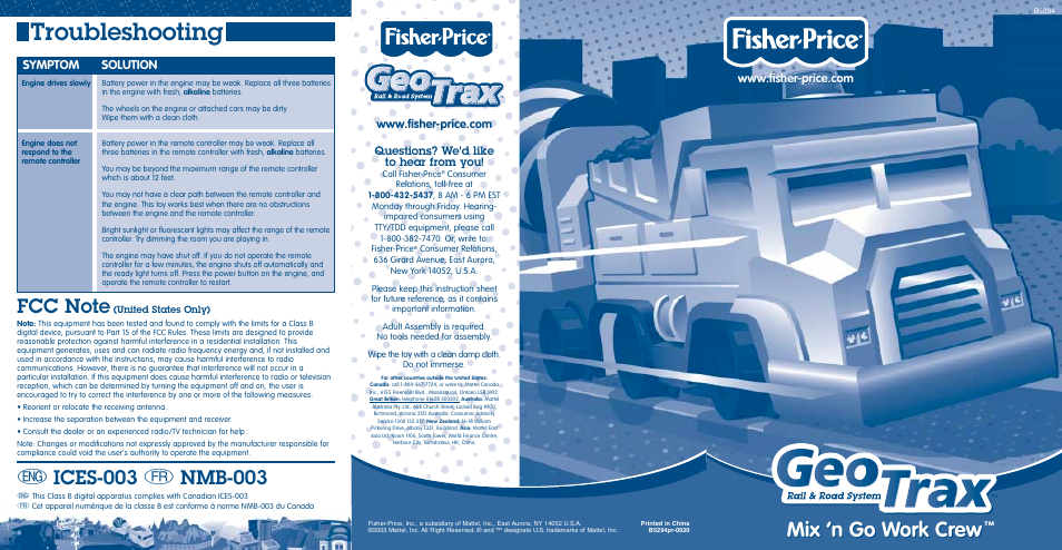 Troubleshooting, Mix ’n go work crew, Symptom solution | Questions? we'd like to hear from you | Fisher-Price MIX 'N GO WORK CREW B5294 User Manual | Page 5 / 5