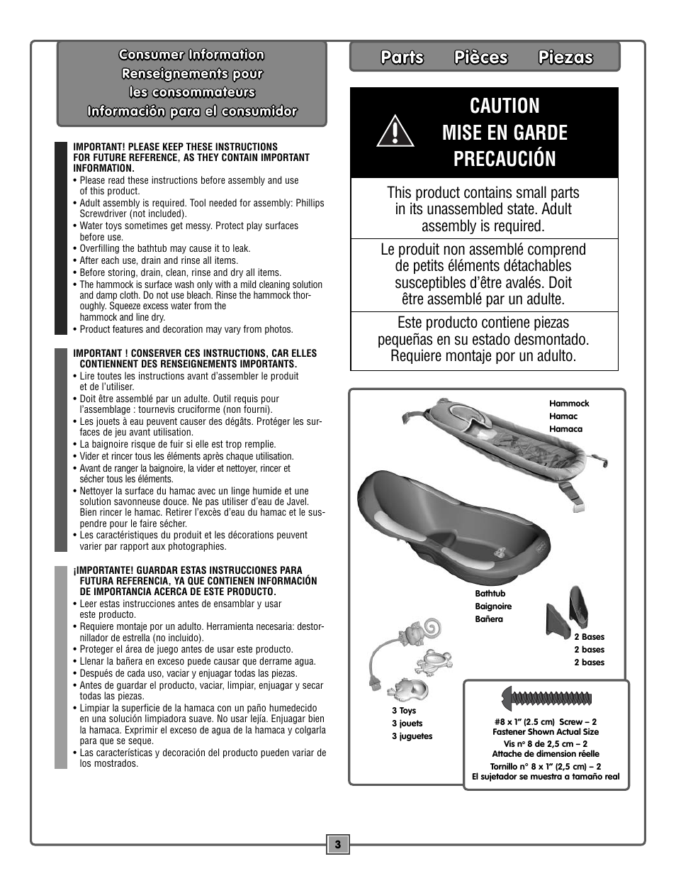 Caution mise en garde precaución, Parts pièces piezas | Fisher-Price RAINFOREST M3177 User Manual | Page 3 / 8