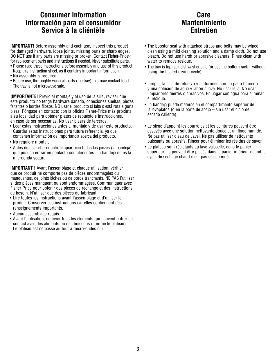 Care mantenimiento entretien | Fisher-Price V8638 User Manual | Page 3 / 8