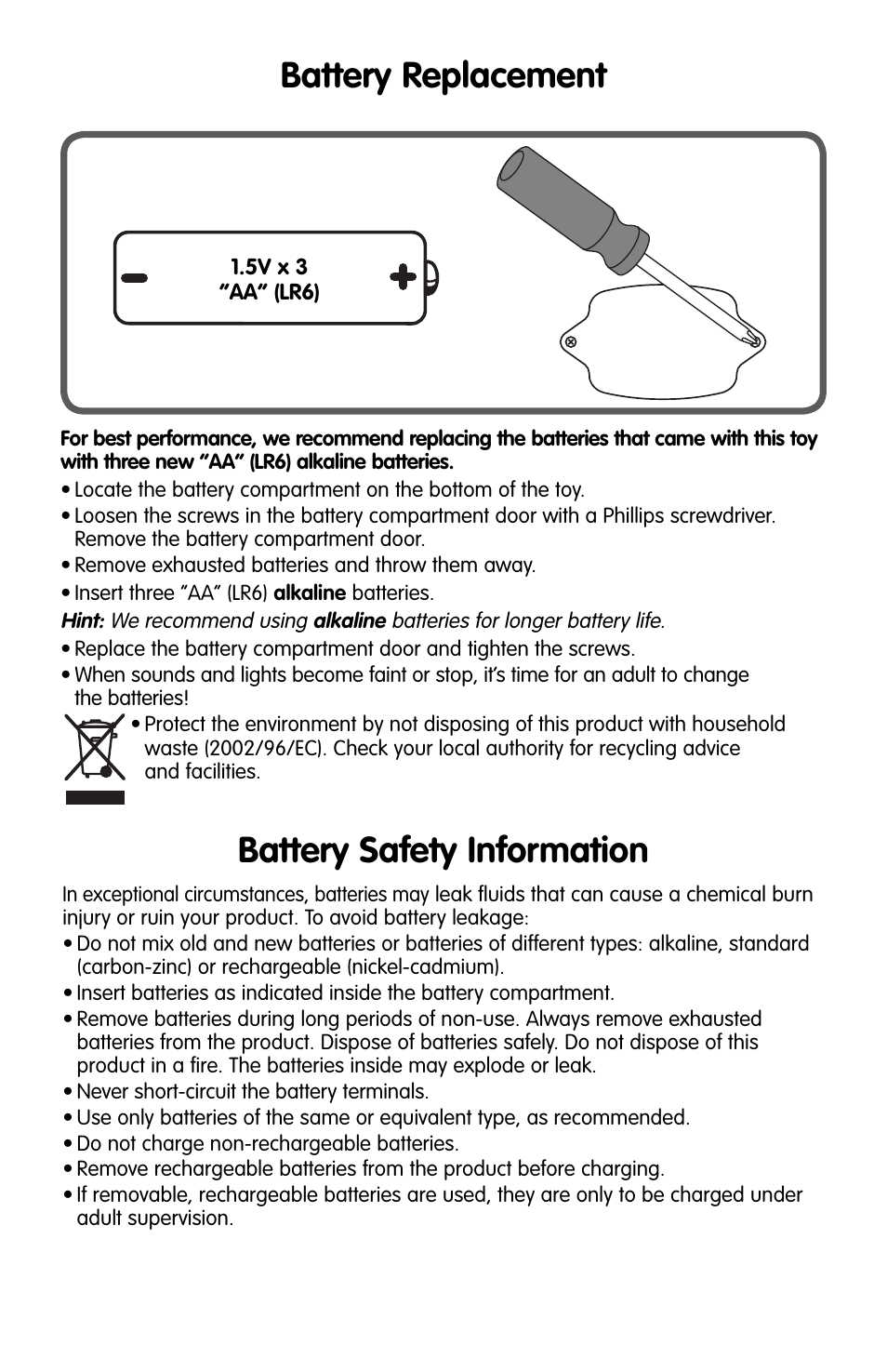 Battery replacement, Battery safety information | Fisher-Price OCEAN WONDERS M3195 User Manual | Page 2 / 4