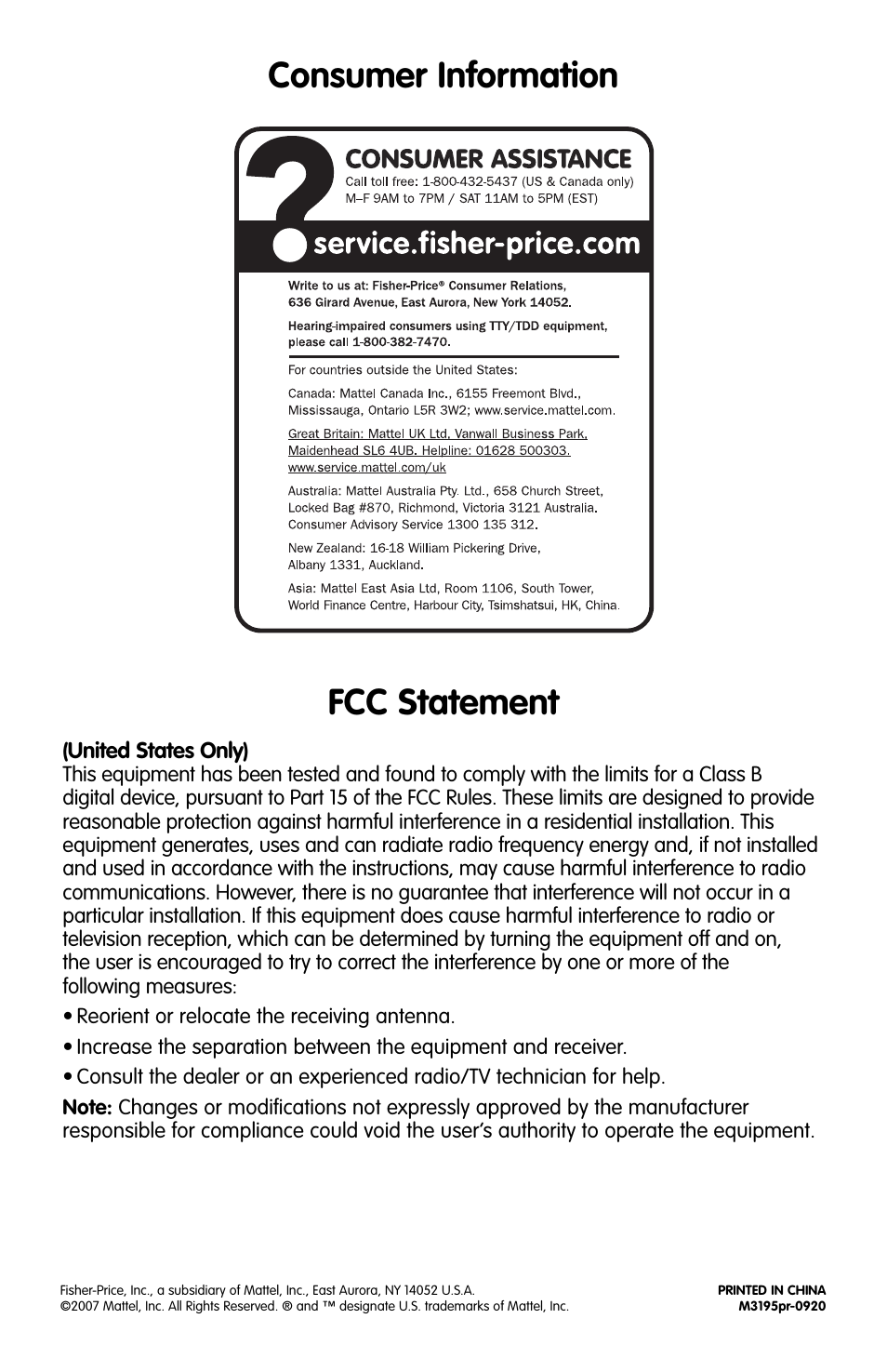 Fcc statement, Consumer information | Fisher-Price OCEAN WONDERS M3195 User Manual | Page 4 / 4