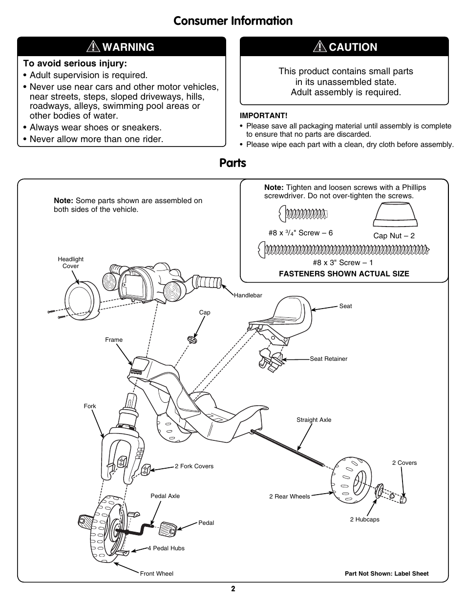 Parts, Consumer information, Warning caution | Fisher-Price N8416 User Manual | Page 2 / 8