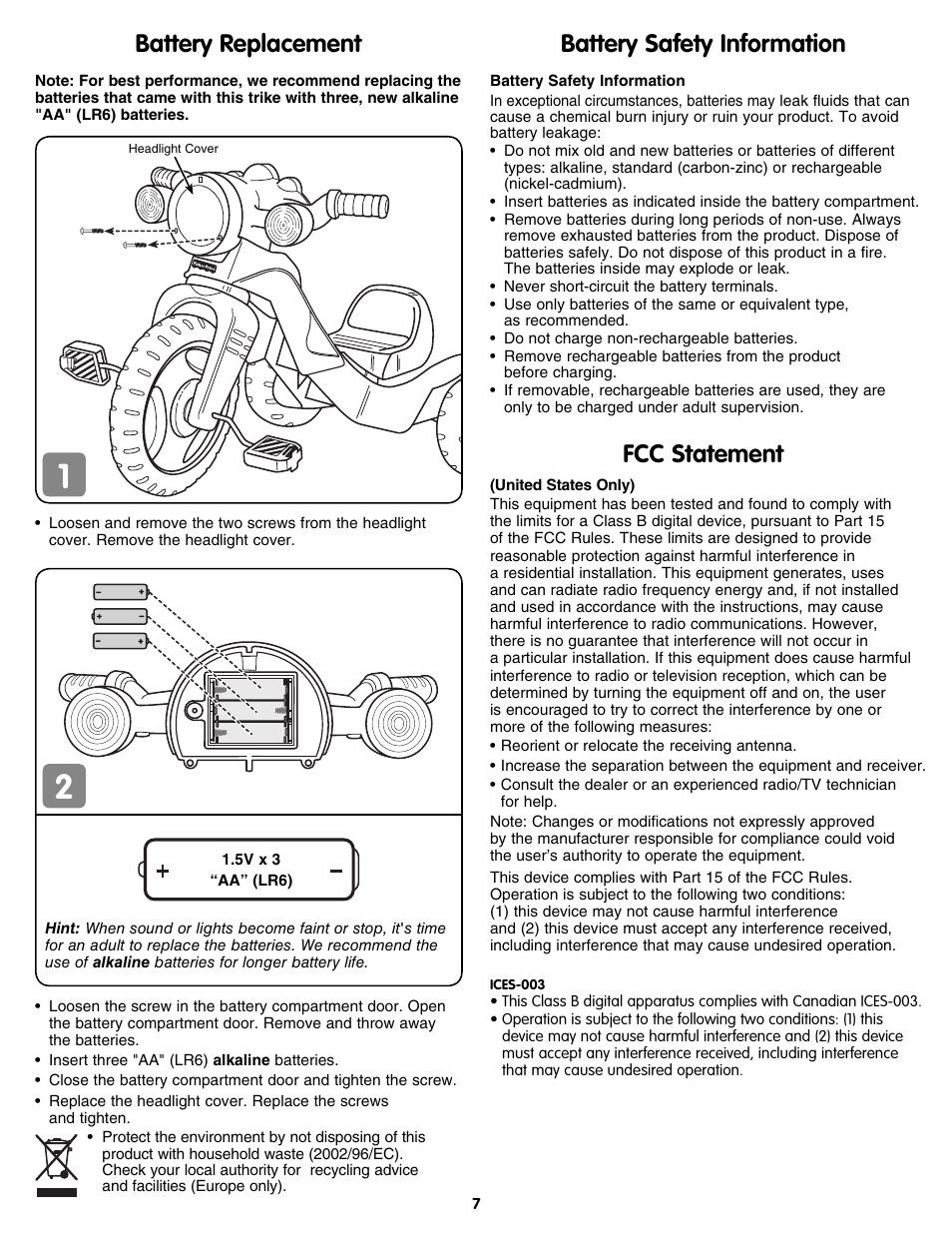 Battery replacement battery safety information, Fcc statement | Fisher-Price N8416 User Manual | Page 7 / 8