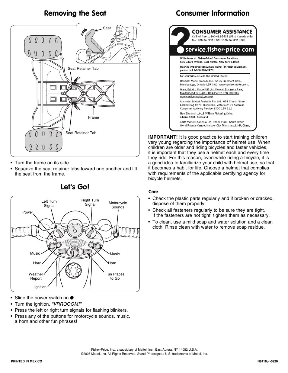 Removing the seat let's go! consumer information | Fisher-Price N8416 User Manual | Page 8 / 8