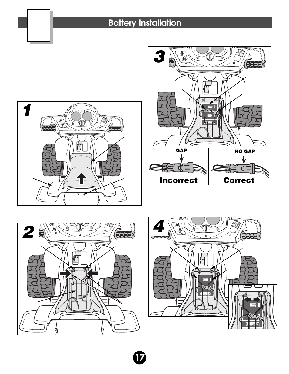 Battery installation, Incorrect correct | Fisher-Price BARBIE 74558 User Manual | Page 17 / 28