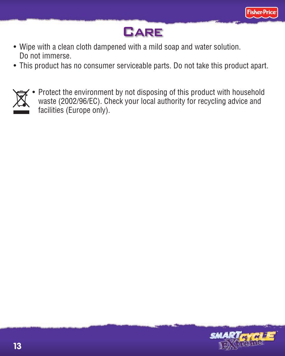 Care | Fisher-Price SMART CYCLE EXTREME P8898 User Manual | Page 13 / 16