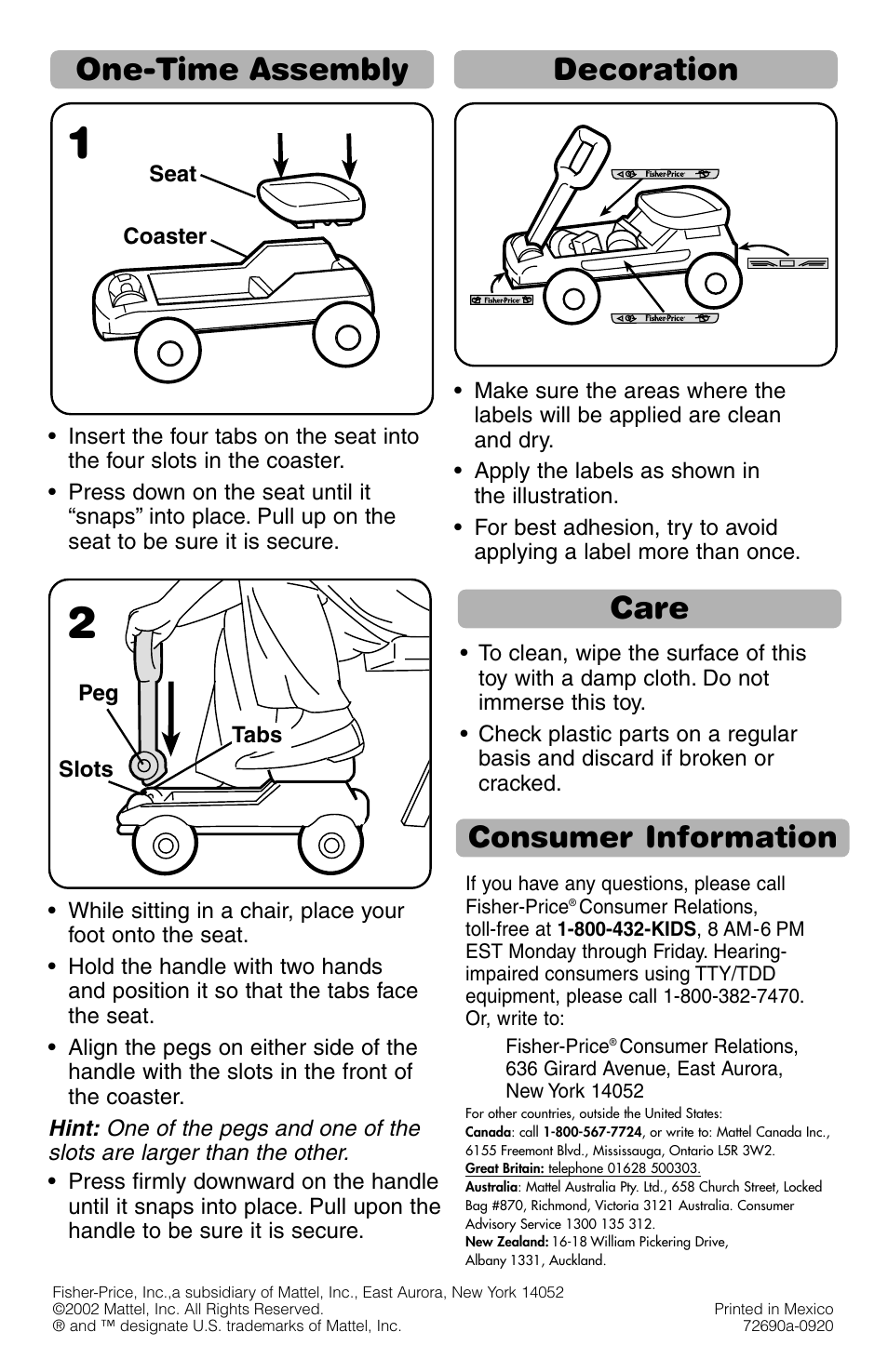 One-time assembly decoration, Care, Consumer information | Fisher-Price 72690 User Manual | Page 2 / 2