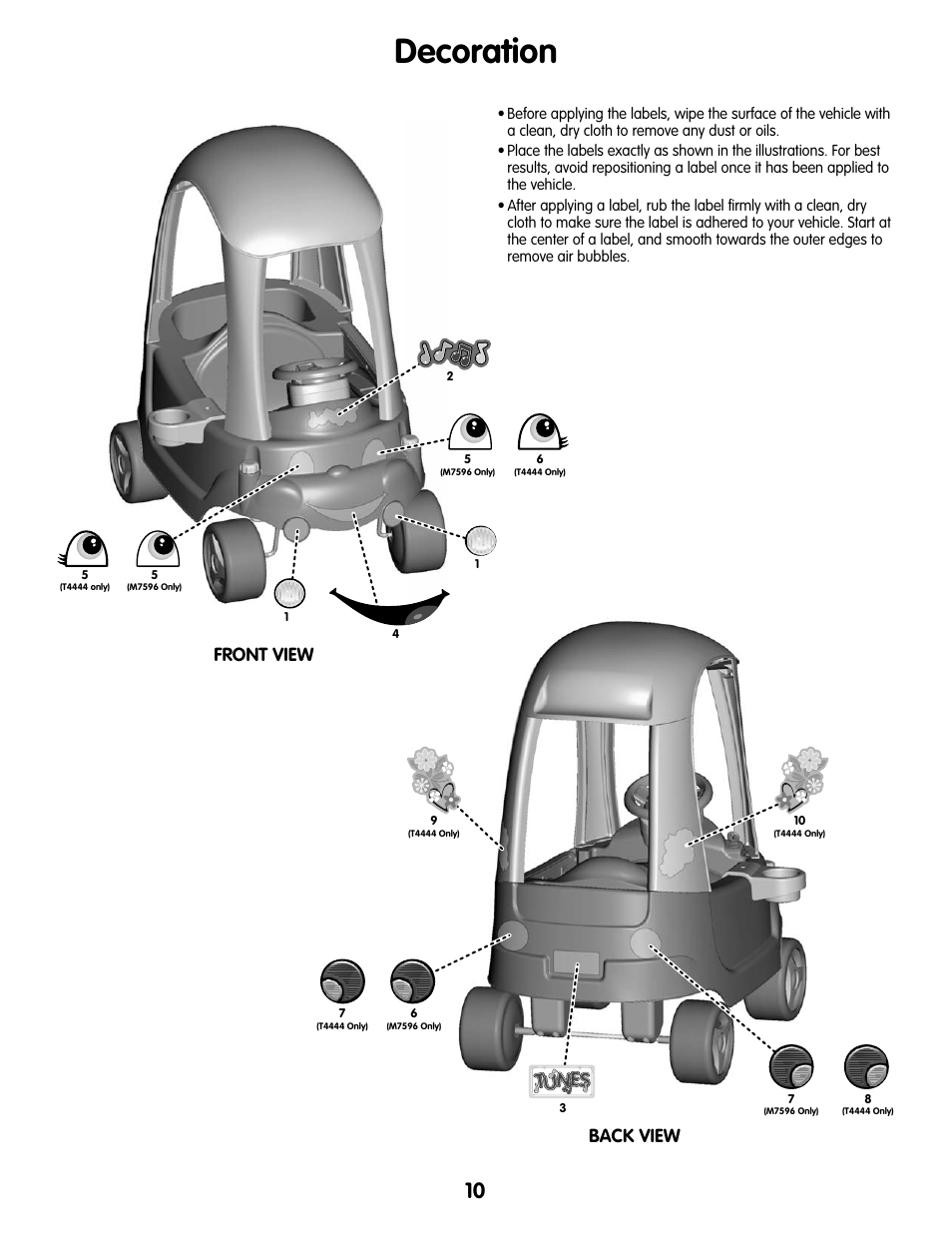 Decoration, Front view, Back view | Fisher-Price M7596 User Manual | Page 10 / 12