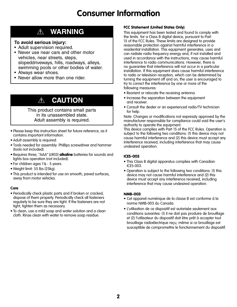 Consumer information, Caution, Warning | Fisher-Price M7596 User Manual | Page 2 / 12