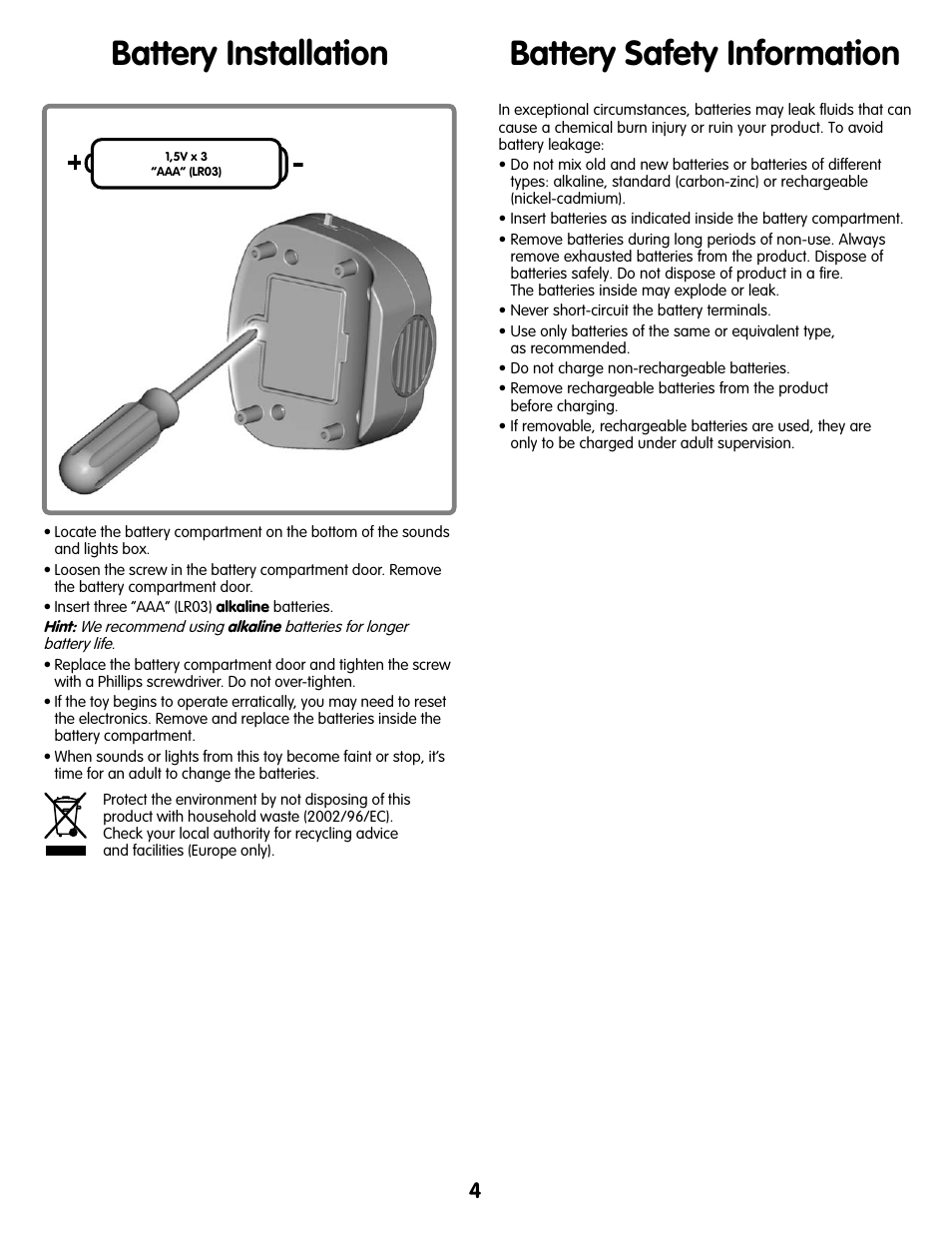 Battery installation, Battery safety information | Fisher-Price M7596 User Manual | Page 4 / 12