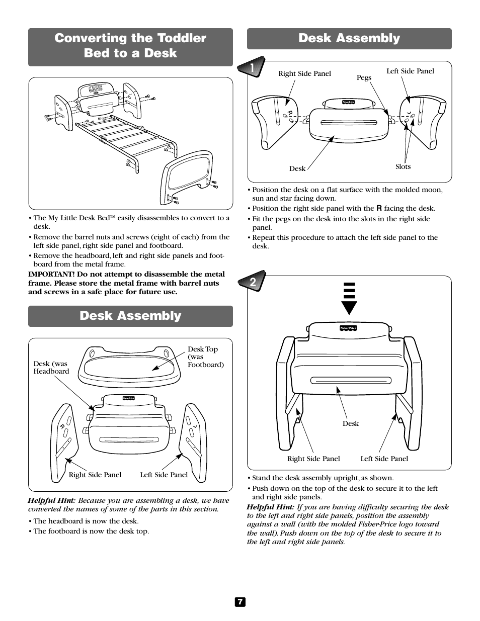 Converting the toddler bed to a desk, Desk assembly | Fisher-Price 79415 User Manual | Page 7 / 8