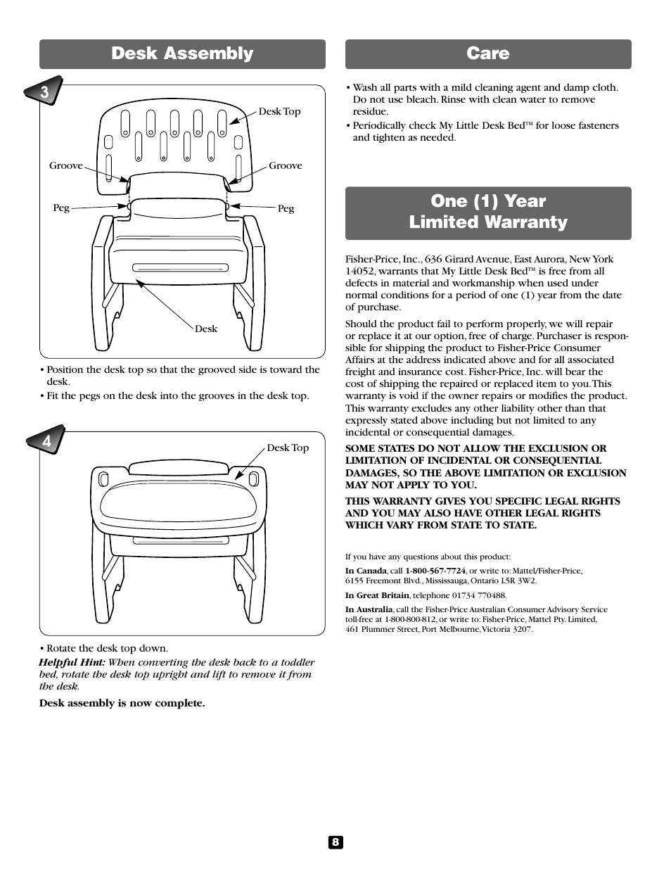 One (1) year limited warranty care desk assembly | Fisher-Price 79415 User Manual | Page 8 / 8