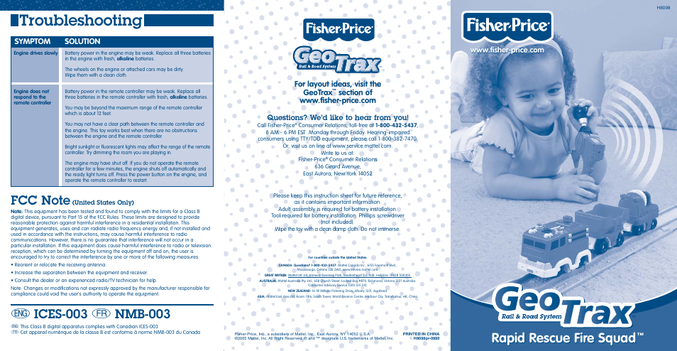 Fisher-Price GEOTRAX H8098 User Manual | 2 pages