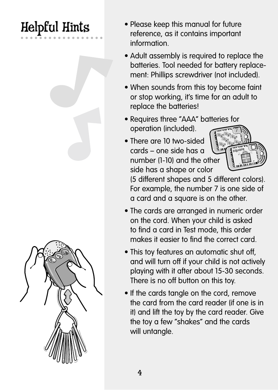 Helpful hints | Fisher-Price NUMBER FLASH CARDS 77824 User Manual | Page 4 / 12