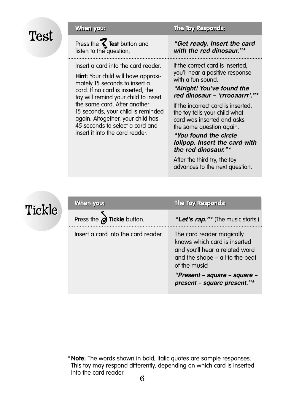 Test, Tickle | Fisher-Price NUMBER FLASH CARDS 77824 User Manual | Page 6 / 12