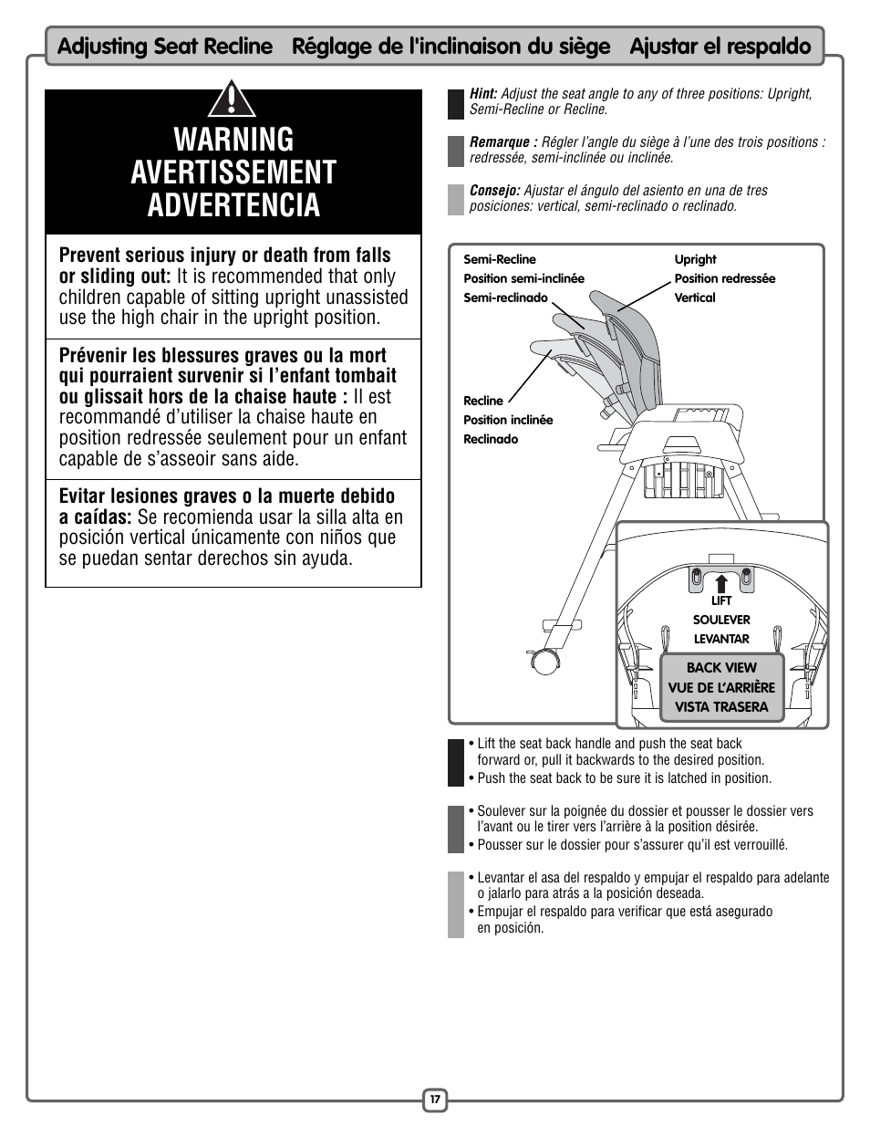 Warning avertissement advertencia | Fisher-Price L7031 User Manual | Page 17 / 20