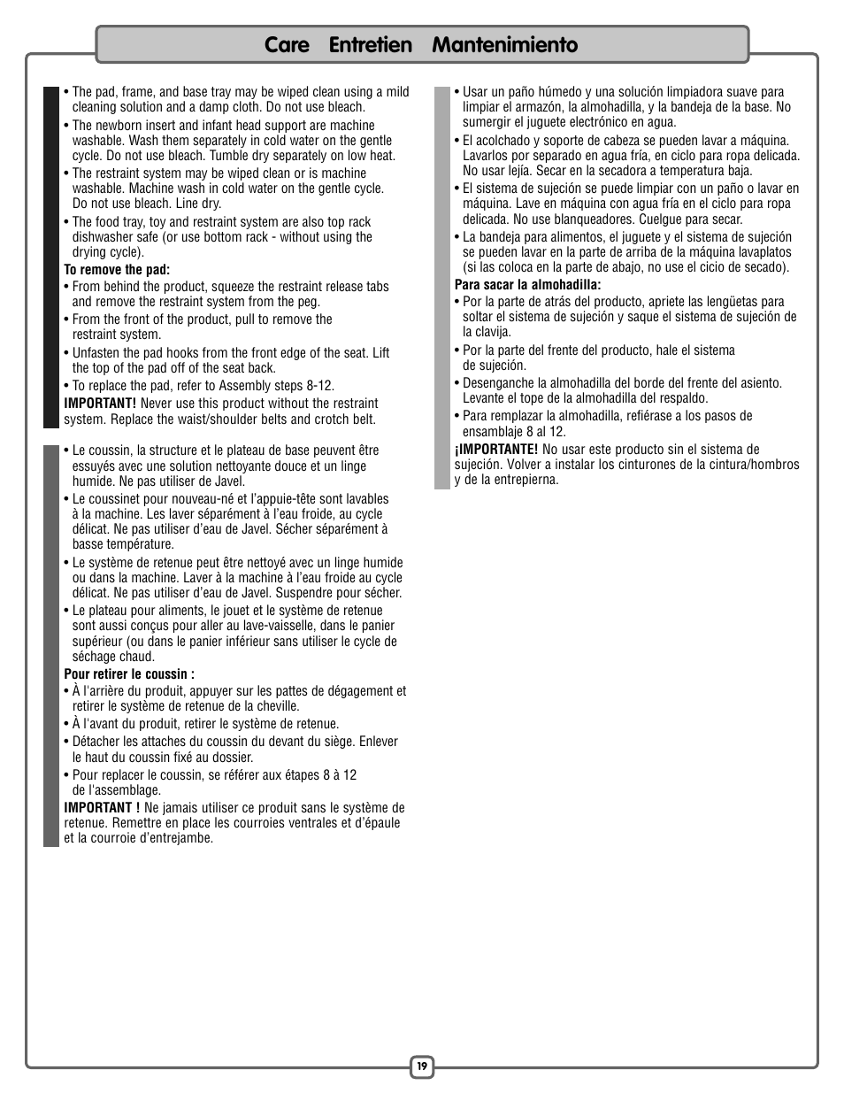 Care entretien mantenimiento | Fisher-Price L7031 User Manual | Page 19 / 20