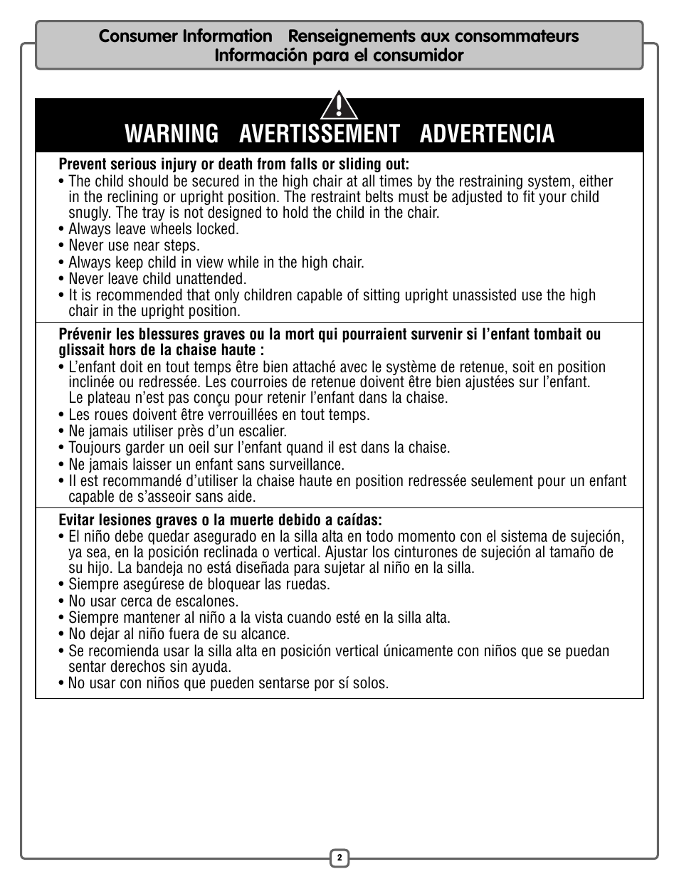 Warning avertissement advertencia | Fisher-Price L7031 User Manual | Page 2 / 20
