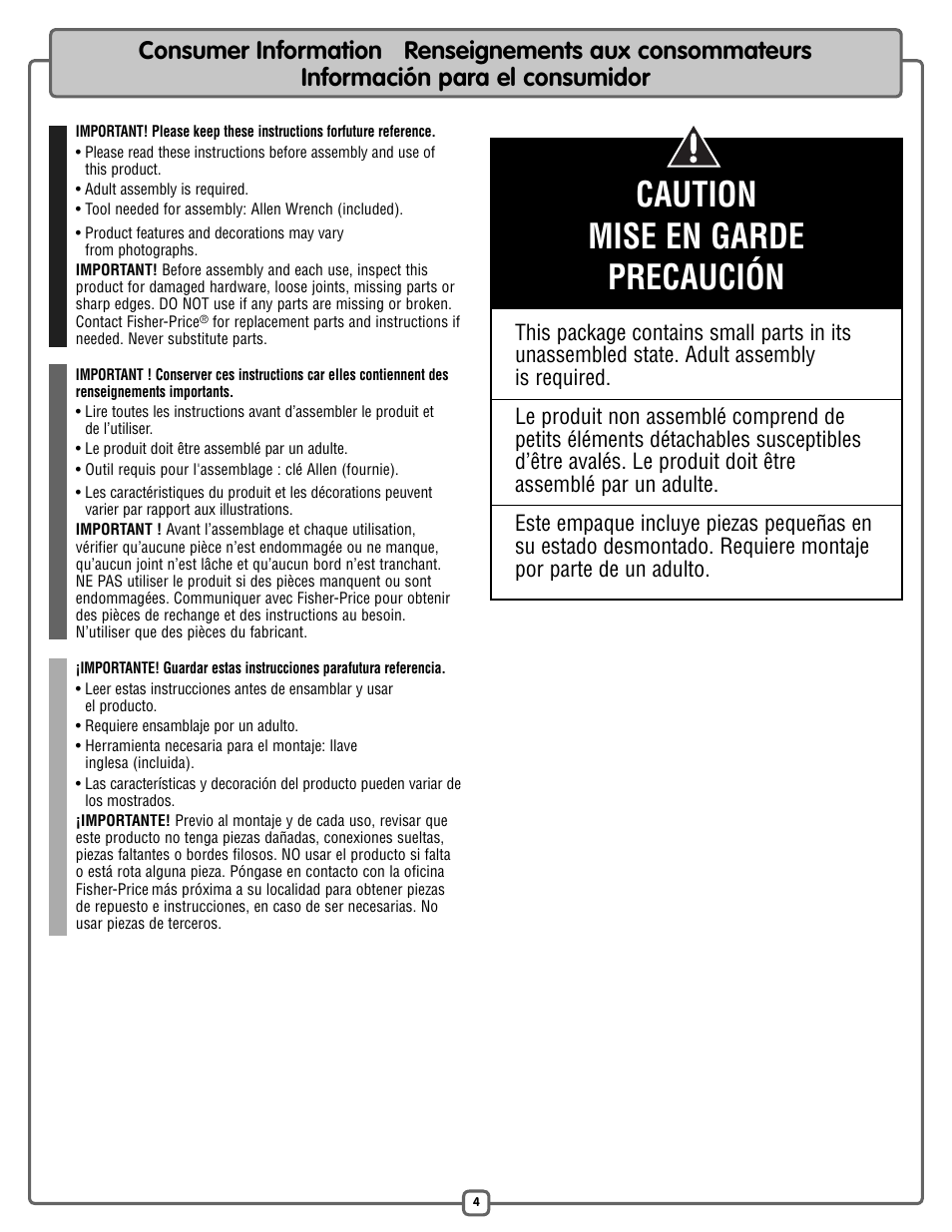 Caution mise en garde precaución | Fisher-Price L7031 User Manual | Page 4 / 20