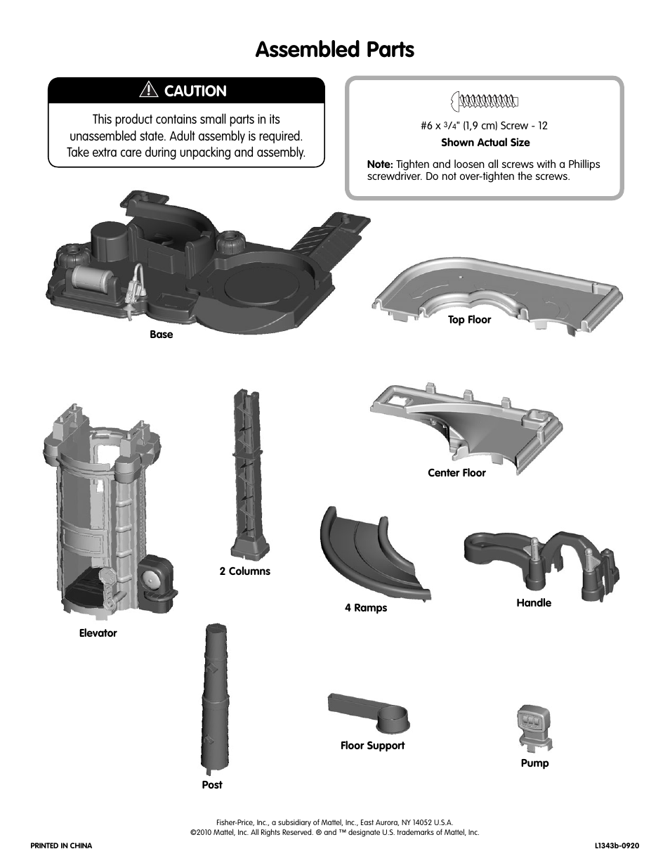 Assembled parts, Caution | Fisher-Price L1343 User Manual | Page 2 / 8