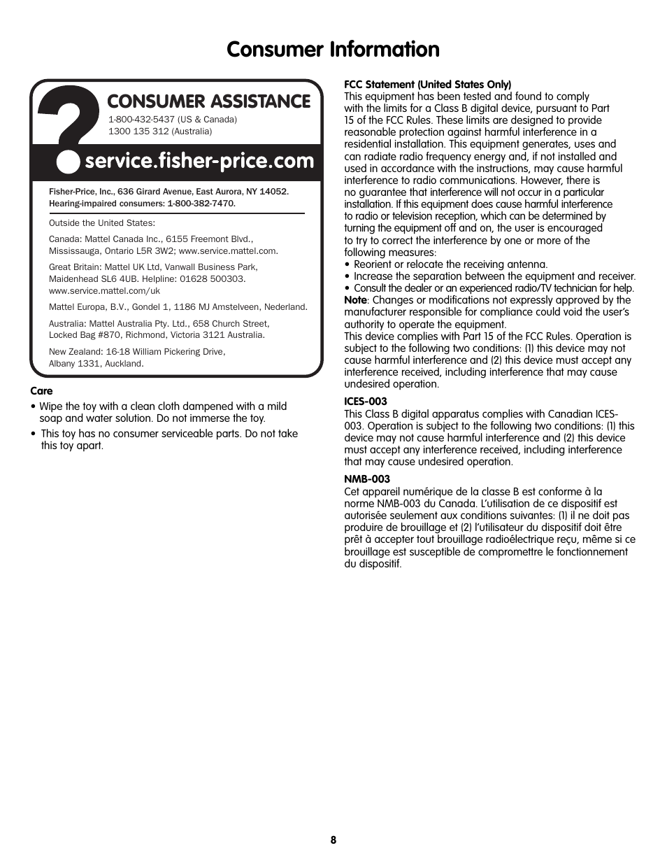 Consumer information, Consumer assistance | Fisher-Price L1343 User Manual | Page 8 / 8