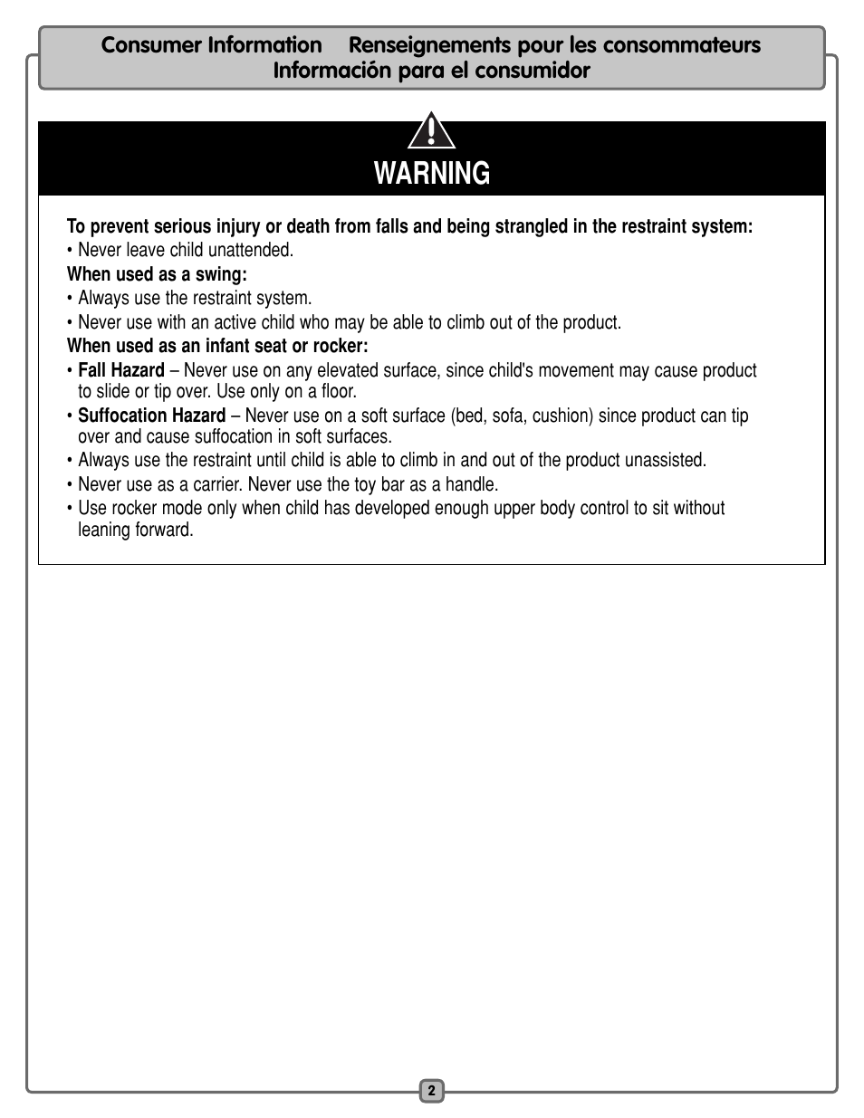 Warning | Fisher-Price L1962 User Manual | Page 2 / 36