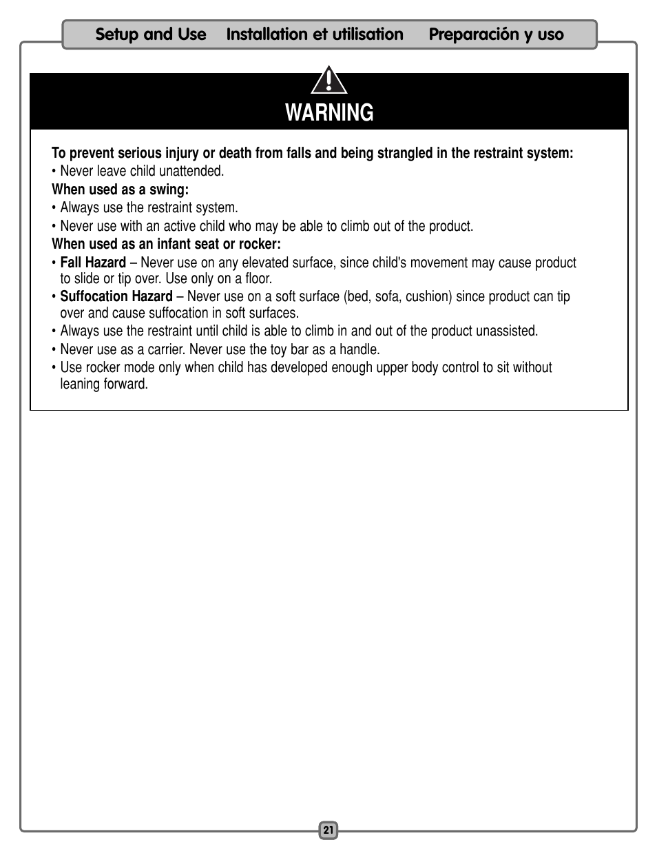 Warning | Fisher-Price L1962 User Manual | Page 21 / 36