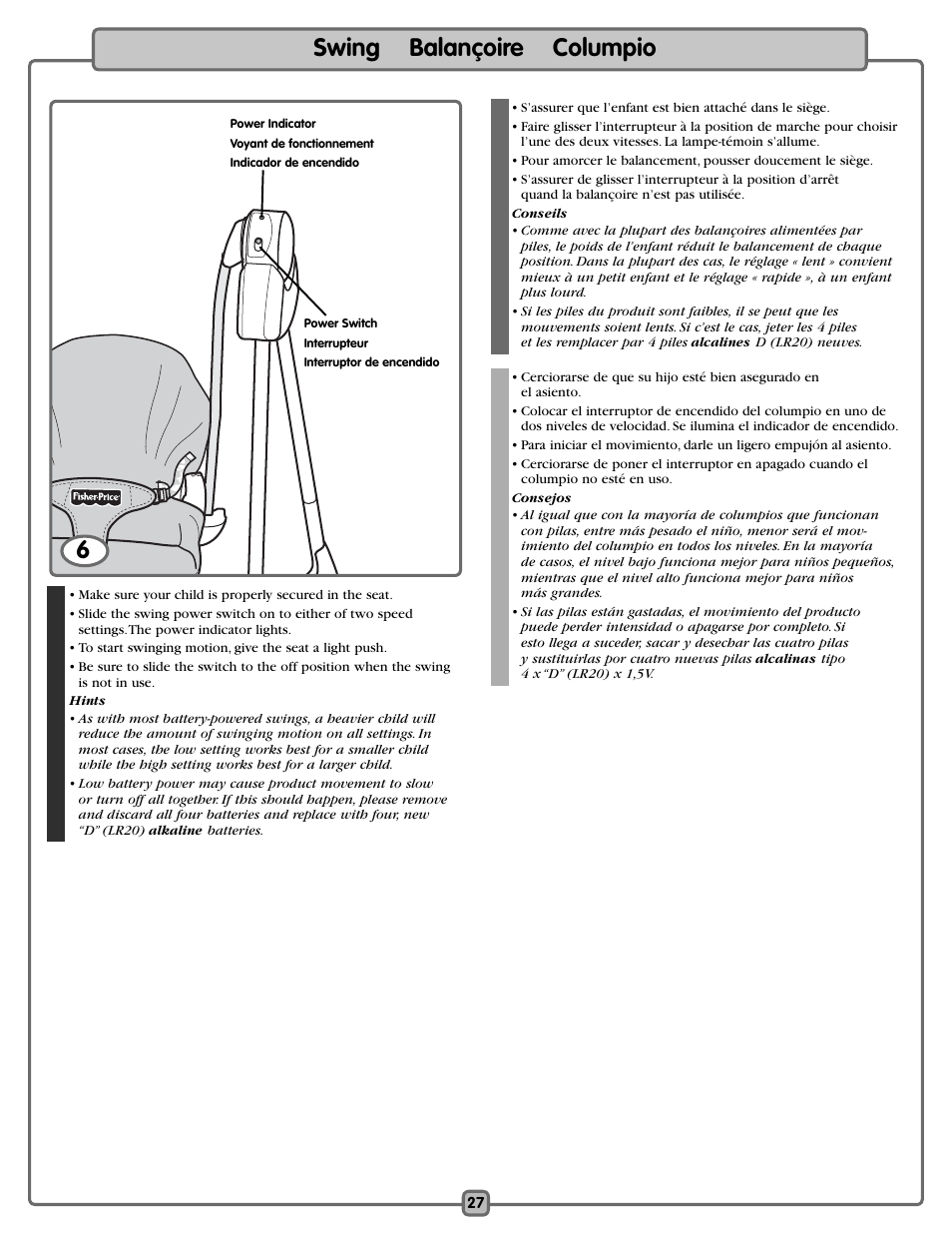 Swing balançoire columpio | Fisher-Price L1962 User Manual | Page 27 / 36