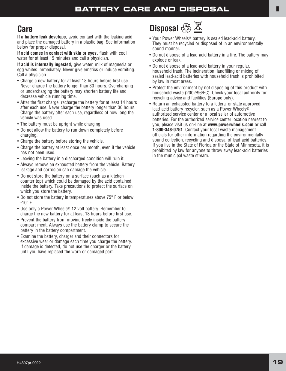 Disposal, Care, Battery care and disposal | Fisher-Price H4803 User Manual | Page 19 / 28