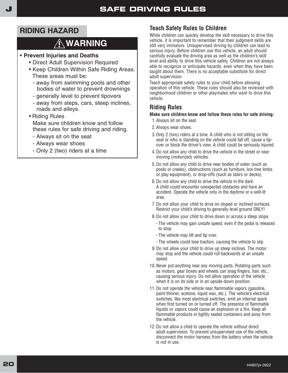 Warning, Riding hazard, Safe driving rules | Fisher-Price H4803 User Manual | Page 20 / 28