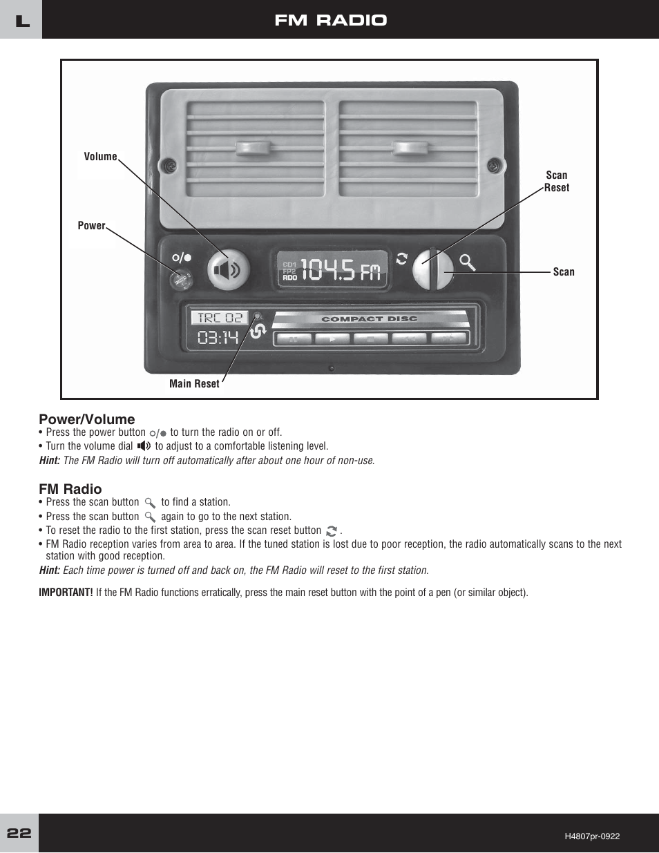 Fm radio, Power/volume | Fisher-Price H4803 User Manual | Page 22 / 28