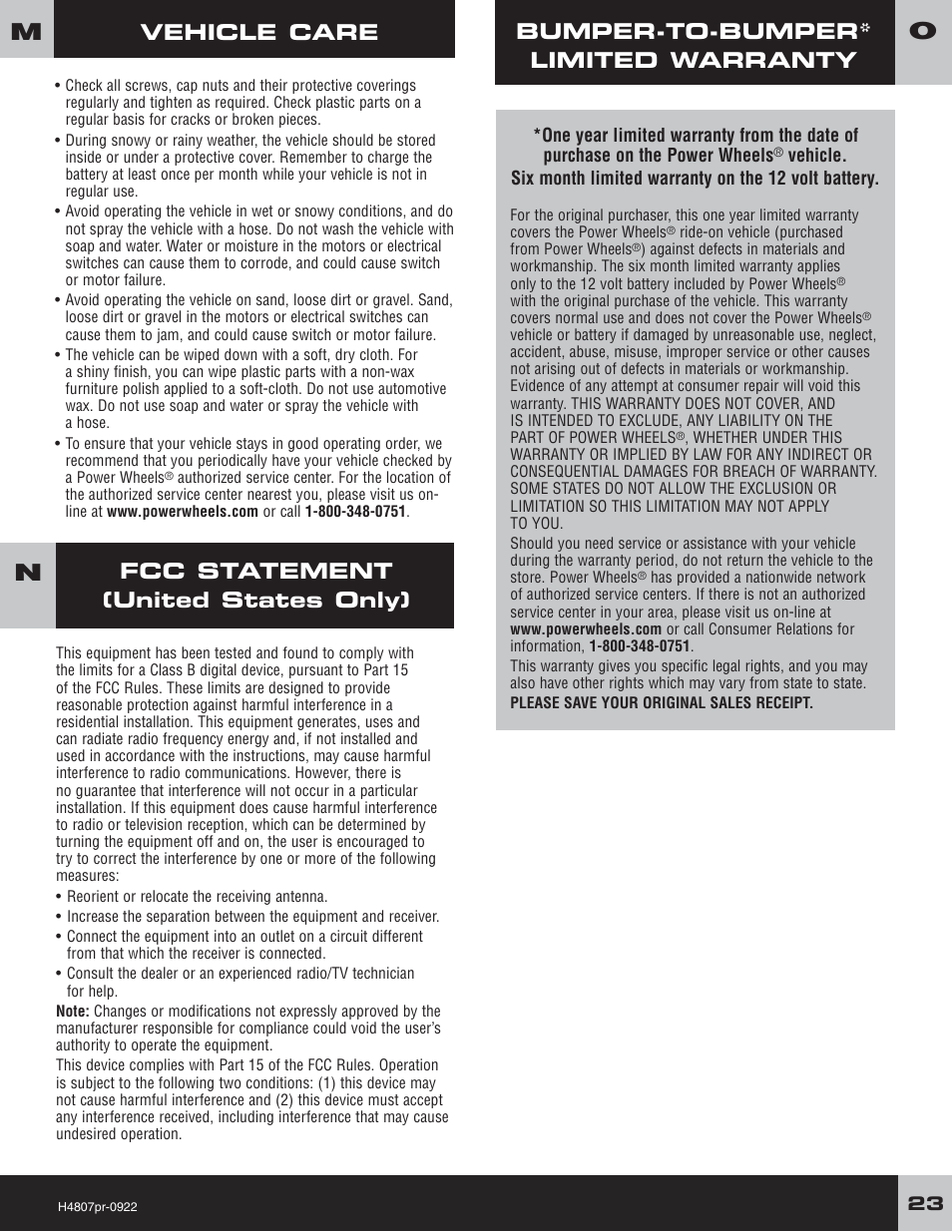 Vehicle care, Bumper-to-bumper* limited warranty, Fcc statement (united states only) | Fisher-Price H4803 User Manual | Page 23 / 28