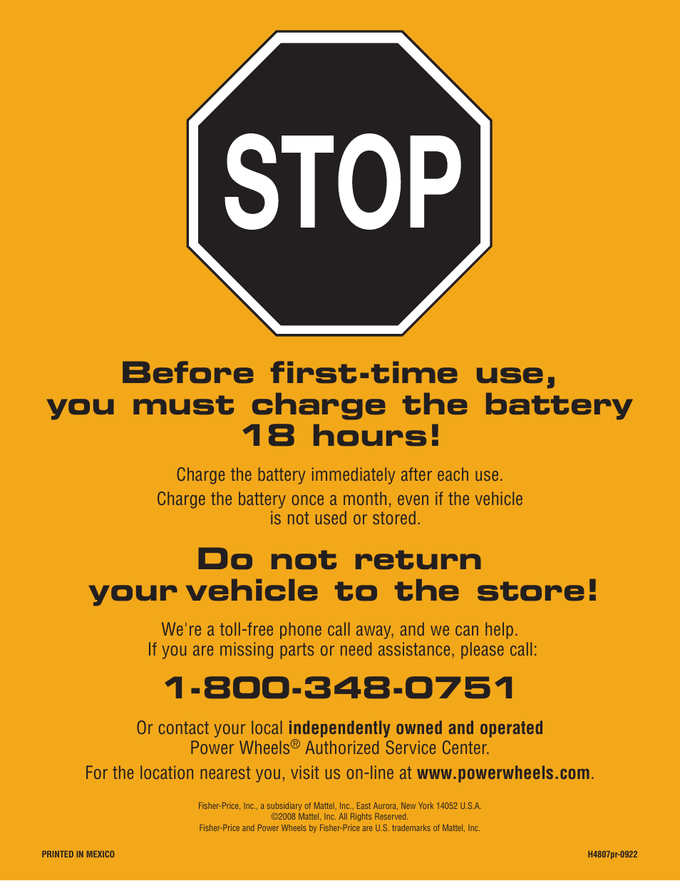 Do not return your vehicle to the store | Fisher-Price H4803 User Manual | Page 28 / 28