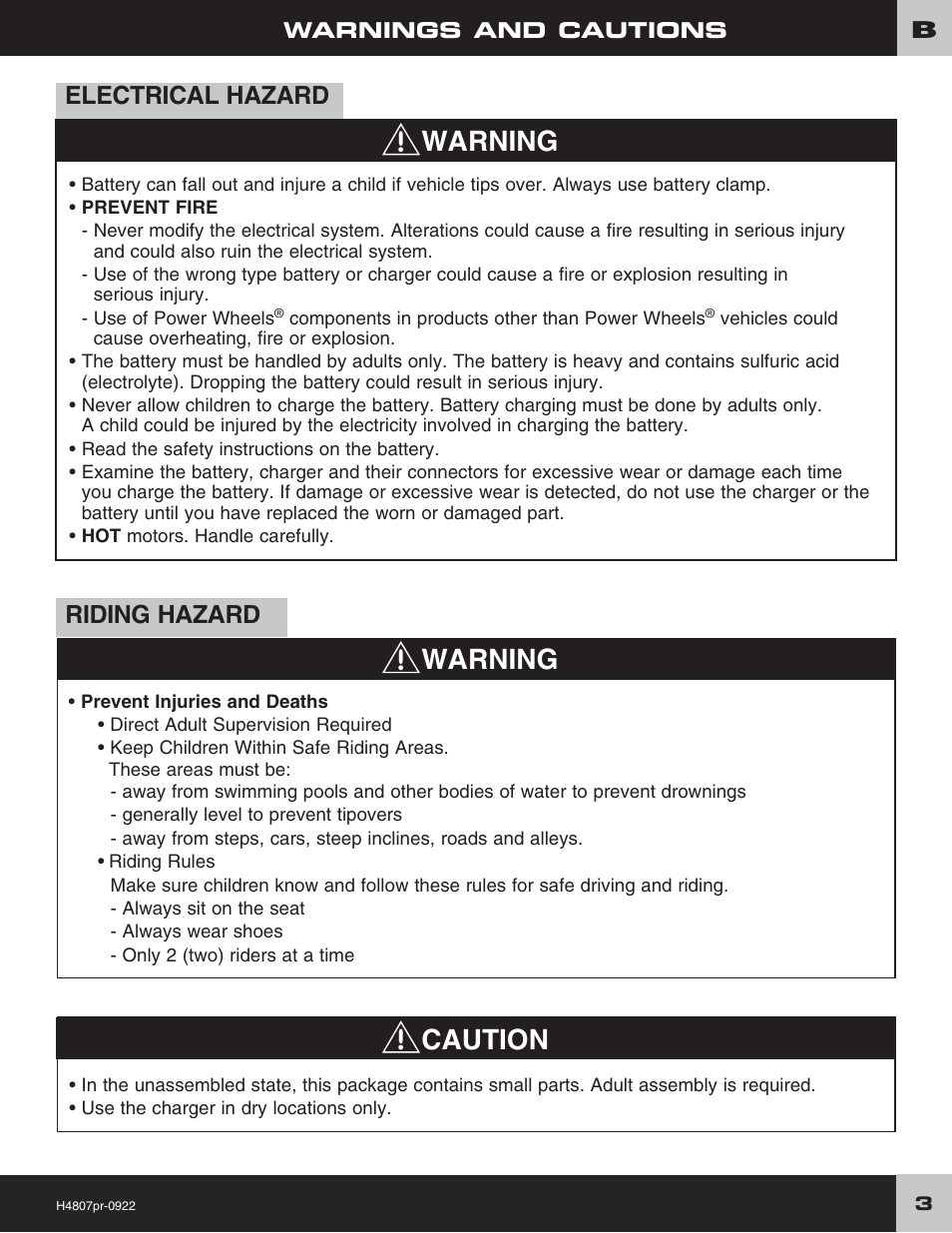 Caution, Warning, Electrical hazard | Riding hazard | Fisher-Price H4803 User Manual | Page 3 / 28