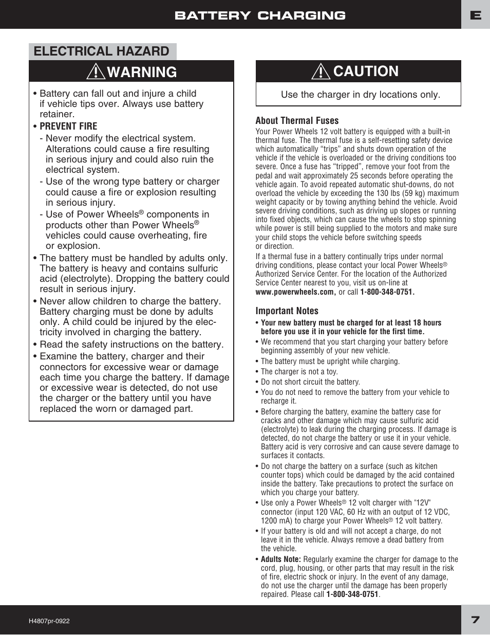 Warning caution, Electrical hazard, Battery charging | Fisher-Price H4803 User Manual | Page 7 / 28